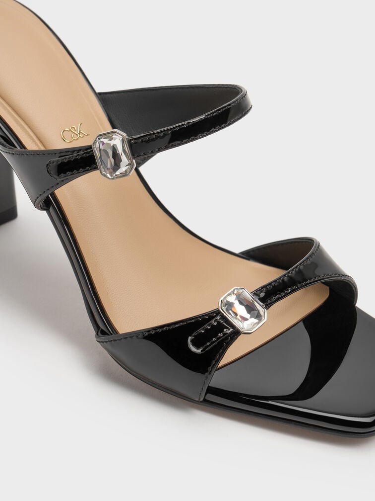 Patent Leather Gem-Buckle Double-Strap Heeled Sandals, Black Patent, hi-res