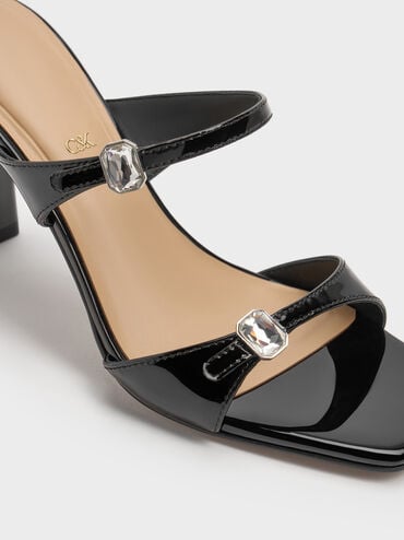 Patent Leather Gem-Buckle Double-Strap Heeled Sandals, Black Patent, hi-res