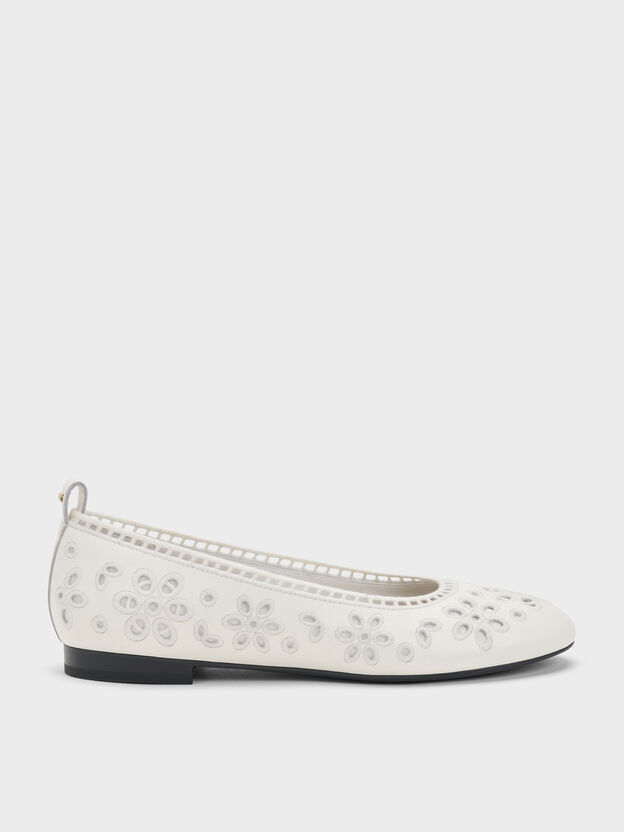 Leather Embroidered Ballet Flats, White, hi-res