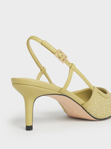 Raffia Pointed-Toe Slingback Pumps, Olive, hi-res