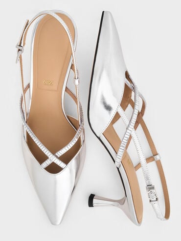 Metallic Leather & Satin Crystal-Embellished Slingback Pumps, Silver, hi-res