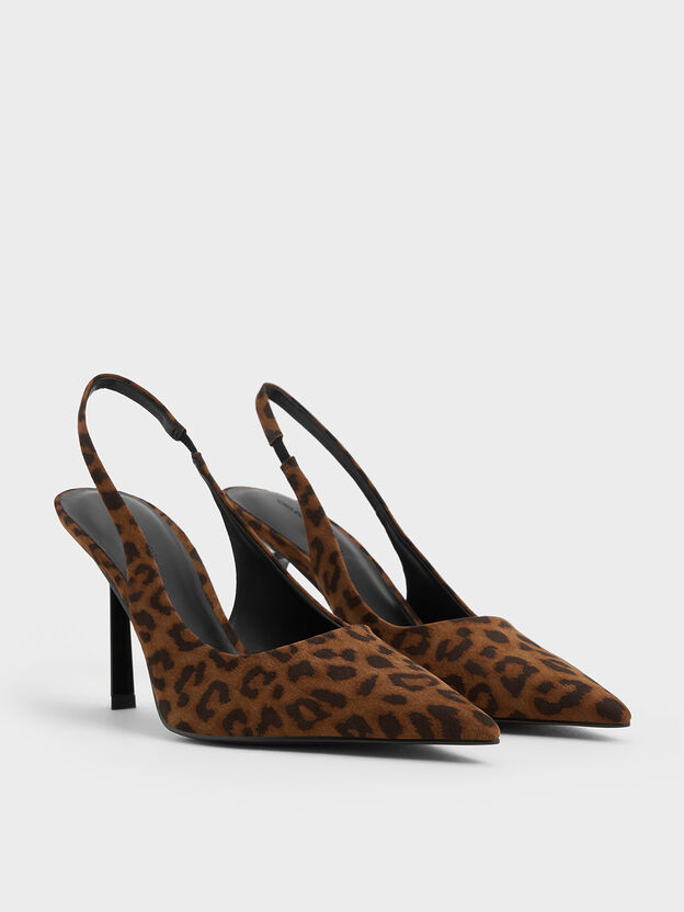 Leopard-Print Pointed Slingback Pumps, Animal Print Brown, hi-res