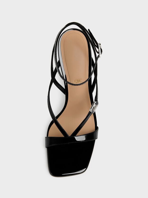 Patent Leather Crystal-Buckle Ankle-Strap Heels, Black Patent, hi-res
