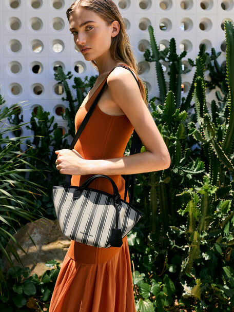 Mini Ivanna Canvas Striped Tote Bag, Noir, hi-res