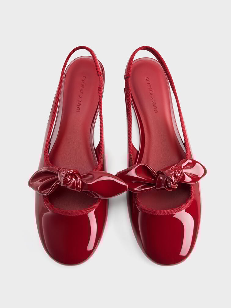Patent Knot-Bow Slingback Flats, Red, hi-res