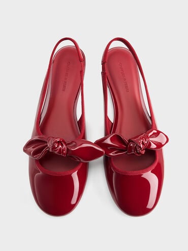 Patent Knot-Bow Slingback Flats, Red, hi-res