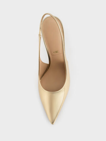 Metallic Leather Slingback Stiletto Pumps, Gold, hi-res