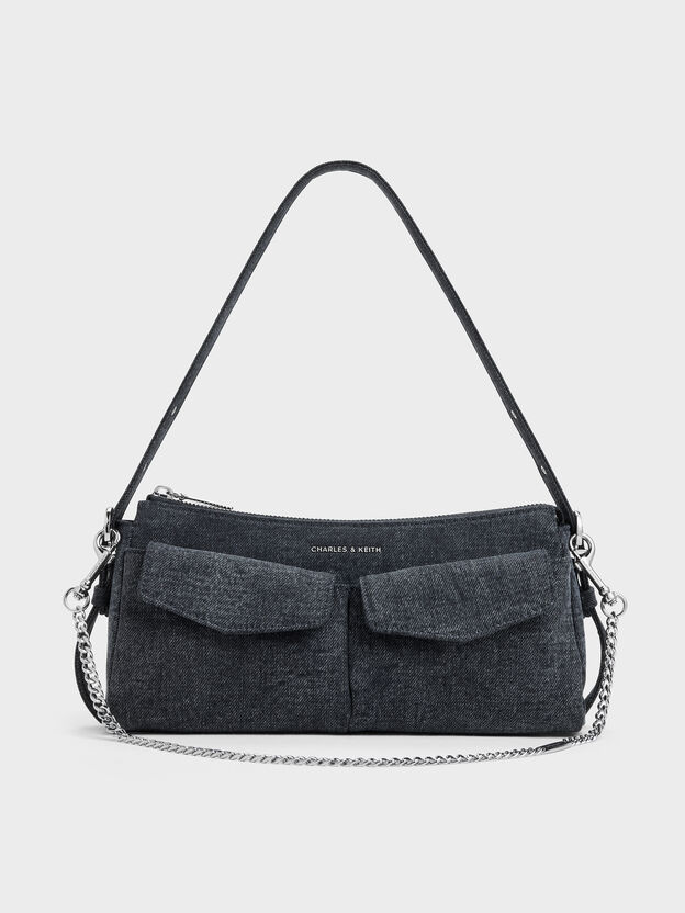 Rachel Denim Front-Pocket Chain Shoulder Bag, Denim Blue, hi-res