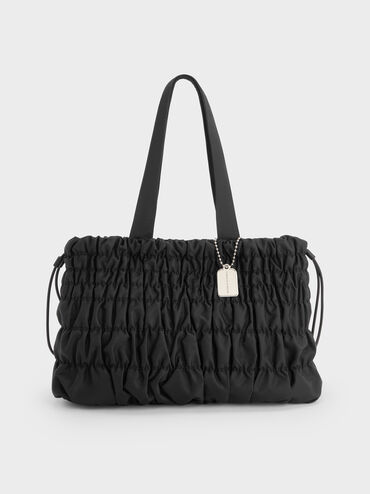 Klio Nylon Ruched Tote Bag, Noir, hi-res