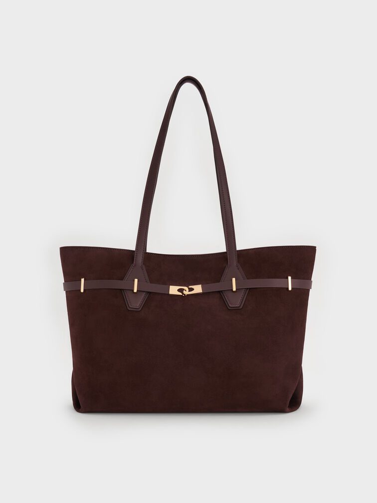 Arlet Recycled Suede Double-Handle Belted Tote Bag, Espresso Brown, hi-res