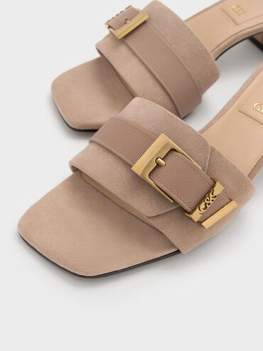 Whitney Suede & Leather Buckled Block-Heel Mules, Taupe, hi-res