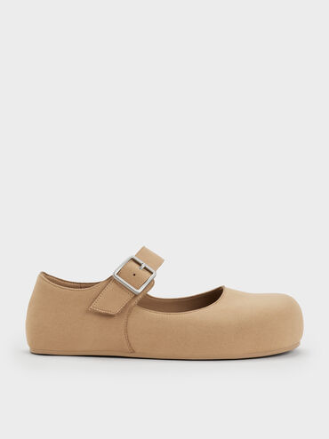Buckled Mary Jane Flats, Beige, hi-res