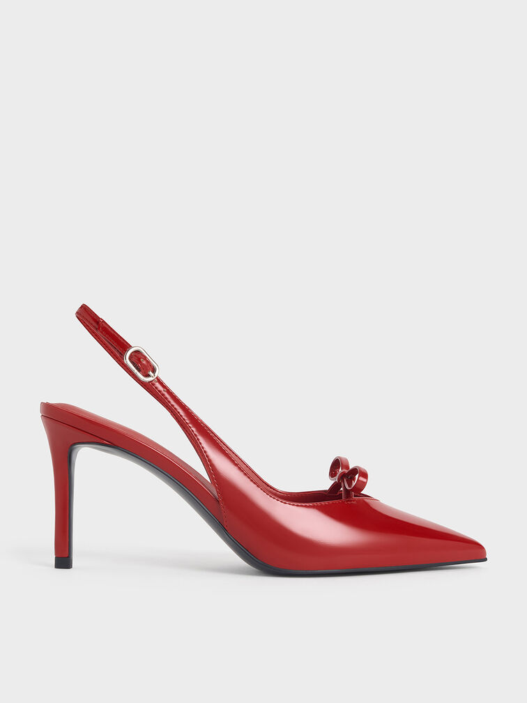 Patent Bow Slingback Pumps, Red, hi-res