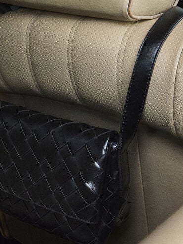 Ivette Woven Front Flap Crossbody Bag, Noir, hi-res