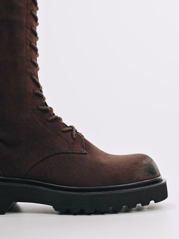 Darian Faux Suede Lace-Up Buckle-Strap Knee-High Boots, Dark Brown Textured, hi-res