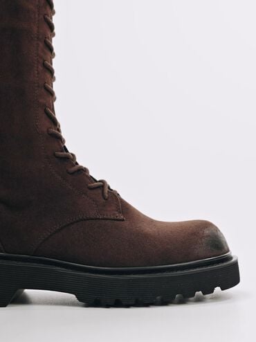 Darian Faux Suede Lace-Up Buckle-Strap Knee-High Boots, Dark Brown Textured, hi-res