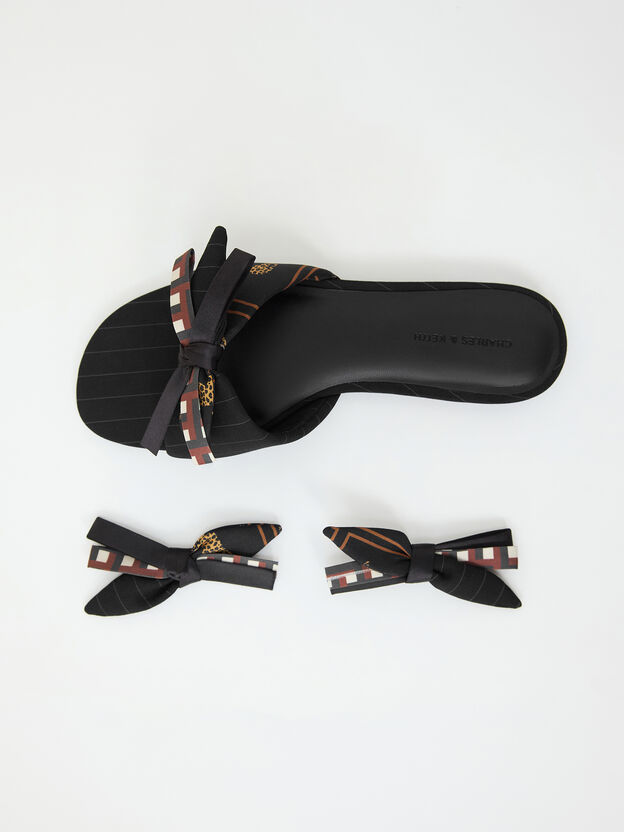 Satin Printed Bow Slide Sandals, Black Textured, hi-res
