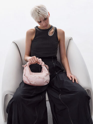 Satin Bow Ruched-Handle Bag, Baby Pink, hi-res