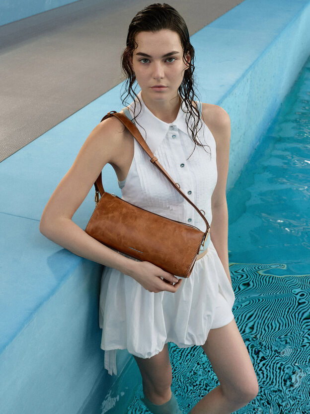Delfina Elongated Shoulder Bag, Distressed Tan, hi-res