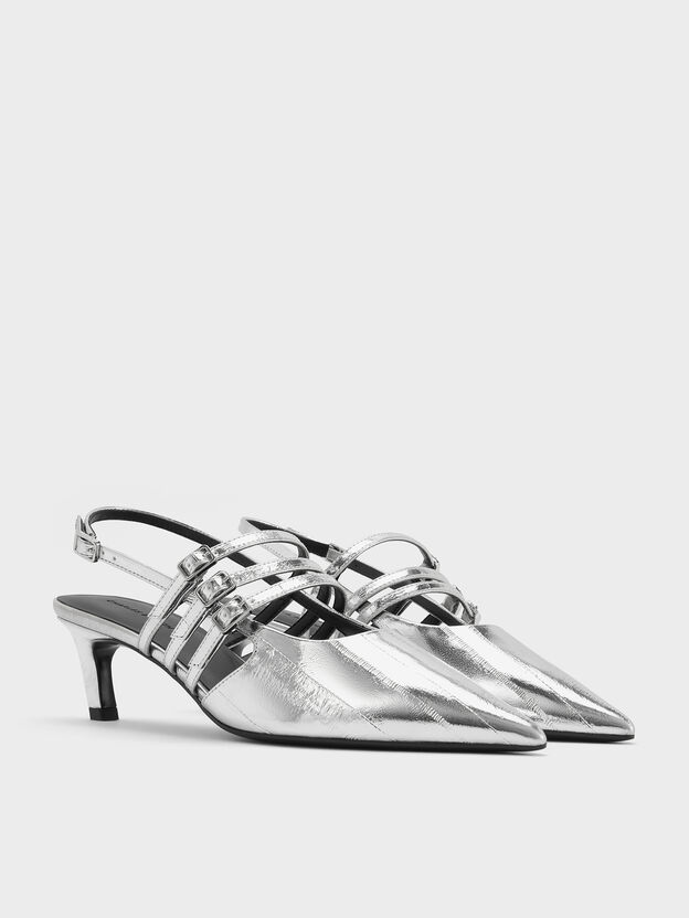 Metallic Triple-Strap Slingback Kitten Heels, Silver, hi-res