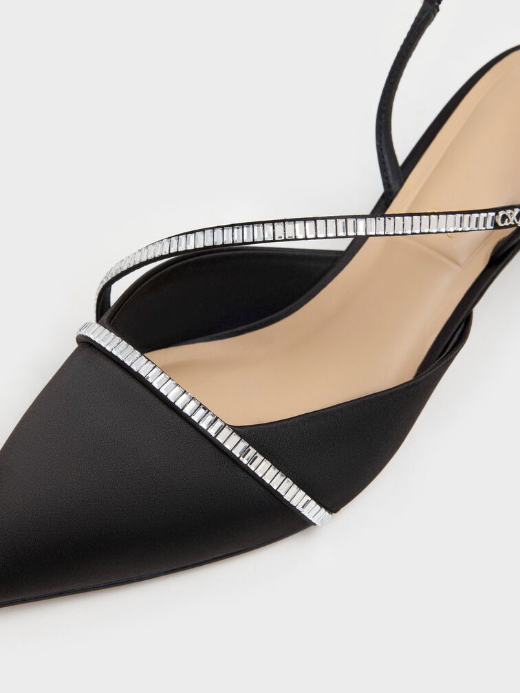 Gem Slingback Kitten Heels, Black Textured, hi-res