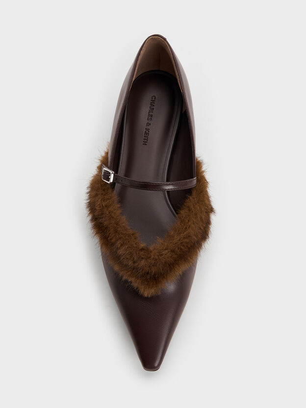Emila Fur-Trim Pointed Mary Janes, Dark Brown, hi-res