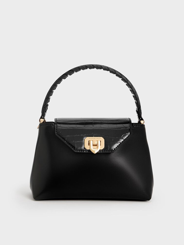 Arwen Croc-Effect Top Handle Bag, Black, hi-res