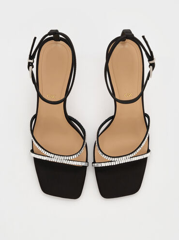 Recycled Polyester Crystal-Embellished Ankle-Strap Sandals, Black Textured, hi-res