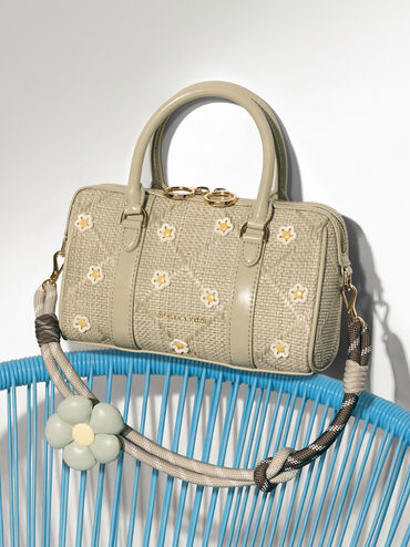 Philomena Raffia Flower Bowling Bag, Pale Olive, hi-res
