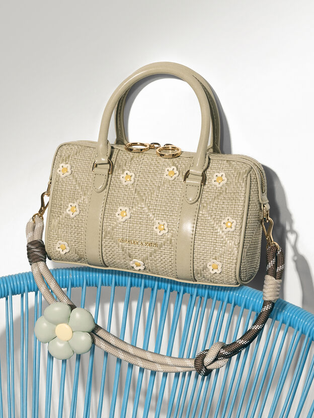 Philomena Raffia Flower Bowling Bag, Pale Olive, hi-res