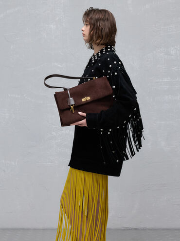 Kerry Recycled Suede Top Handle Satchel Bag, Espresso Brown, hi-res