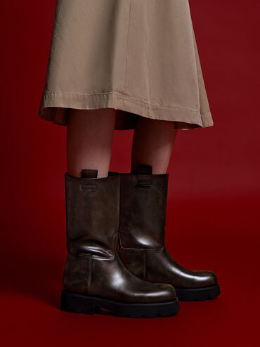 Double Pull-Tab Calf Boots, Dark Brown, hi-res