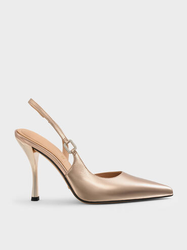 Metallic Leather Crystal-Buckle Slingback Pumps, Bronze, hi-res