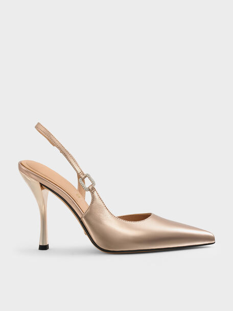 Metallic Leather Crystal-Buckle Slingback Pumps, Bronze, hi-res