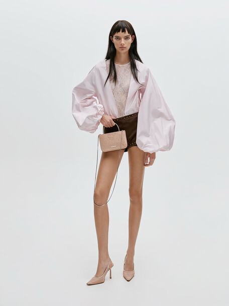 Jennis Lace & Satin Top Handle Bag, Nude Textured, hi-res