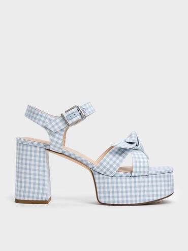 Anika Gingham Knot-Bow Platform Sandals, Light Blue, hi-res