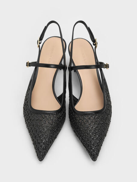 Raffia Sculptural-Heel Slingback Pumps, Black Textured, hi-res