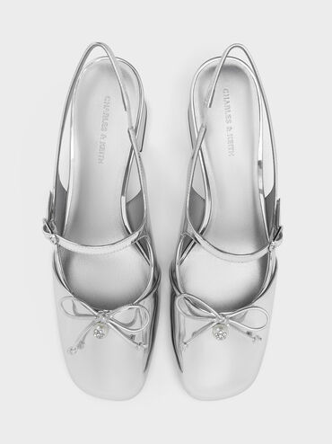 Metallic Bow Crystal-Pearl Slingback Mary Jane Pumps, Silver, hi-res