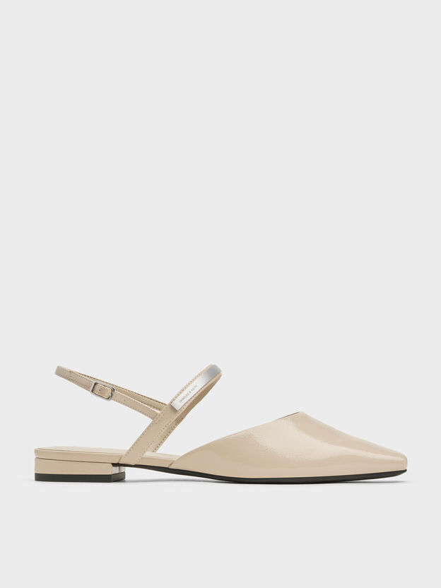 Patent Metallic-Bar Slingback Flats, Beige, hi-res