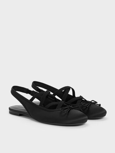 Satin Crossover Slingback Ballet Flats, Black Textured, hi-res