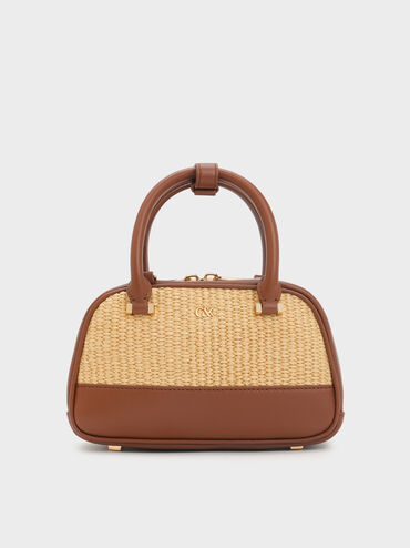 Leather & Raffia Bowling Bag, Neutral Raffia, hi-res