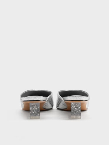 Metallic Crinkle-Effect Speckled-Heel Wedge Mules, Silver, hi-res