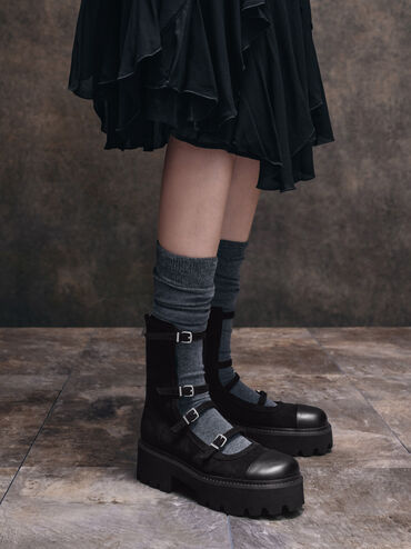 Celia Faux Suede Buckled Multi-Strap Chunky Calf Boots, Black Textured, hi-res