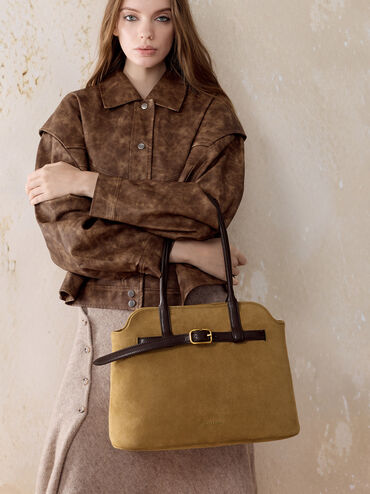 Victoria Recycled Suede Belted Trapeze Tote Bag, Sahara Sand, hi-res