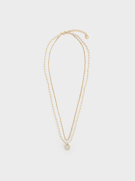 Pearl & Gemstone Double-Chain Necklace, White, hi-res