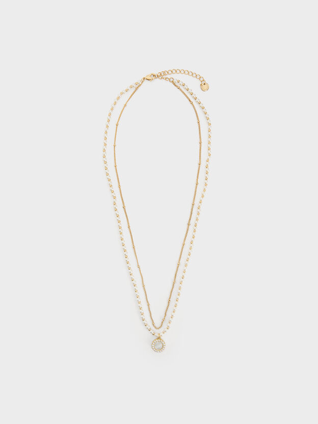 Pearl & Gemstone Double-Chain Necklace, White, hi-res