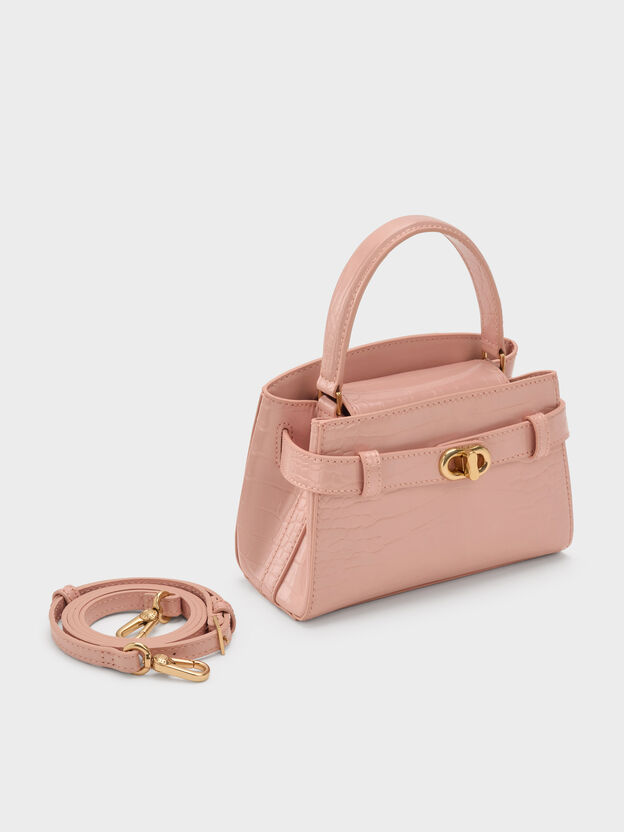 Aubrielle Croc-Effect Belted Top Handle Bag, Light Pink, hi-res