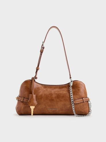 Delfina Chain Side-Belt Shoulder Bag, Distressed Tan, hi-res