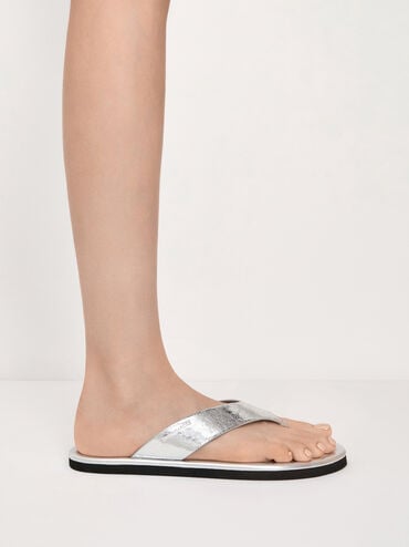 Trinah Metallic Crinkle-Effect Thong Sandals, Silver, hi-res