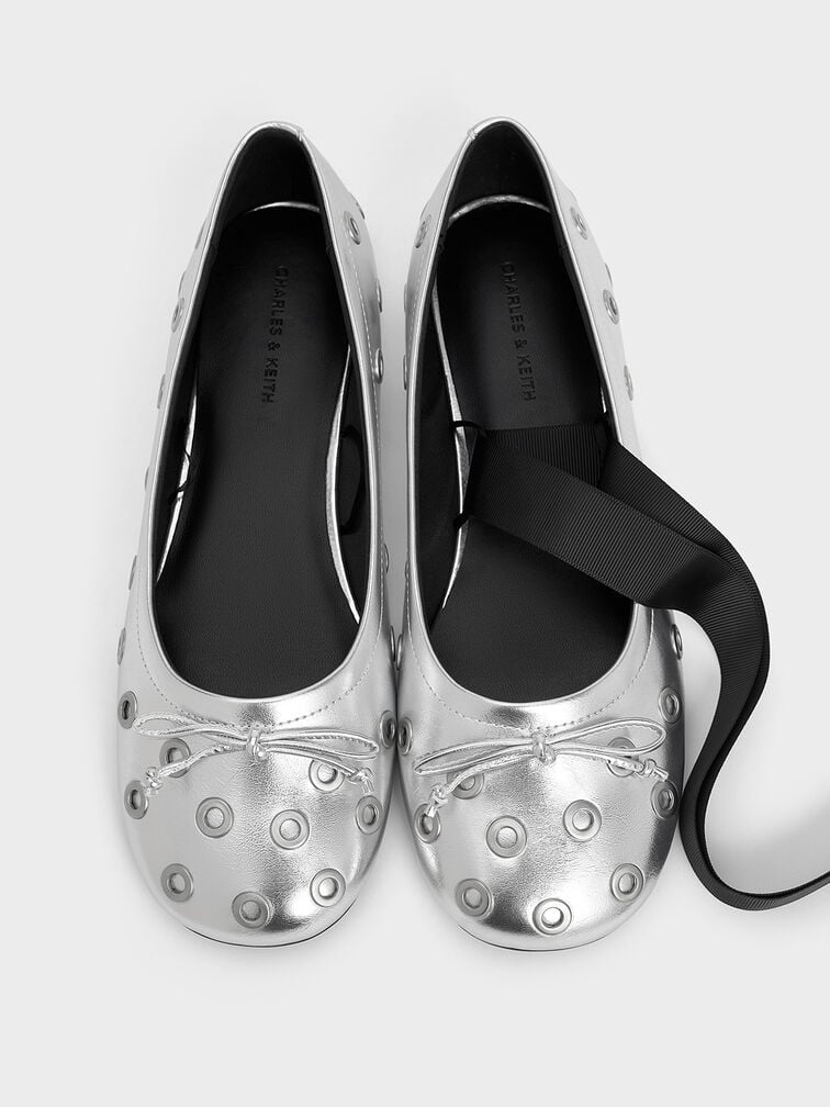 Margot Metallic Grommet Tie-Around Ballet Flats, Silver, hi-res